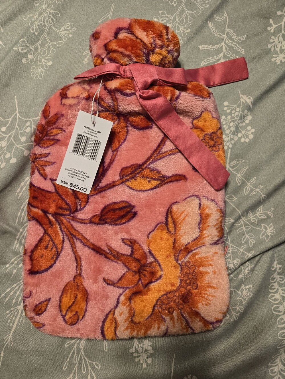 Vera Bradley Floral Pink Plush Hot Water Bottle with Ribbon